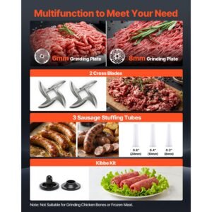 commercial meat grinder, 9.2 lbs/min capacity, #12 electric meat mincer with 2 plates, 3 sausage stuffing tubes & kibbe kit, 750w/1hp sausage maker for home kitchens & restaurants, etl listed