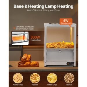 commercial nacho chip warmer, 85qt chip warmer machine with heating base and warming light, nacho machine with deflection board, stainless steel, for nacho chips, popcorn, potato chips, peanut