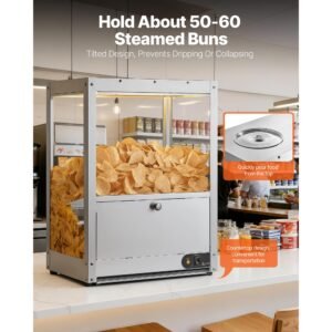 commercial nacho chip warmer, 85qt chip warmer machine with heating base and warming light, nacho machine with deflection board, stainless steel, for nacho chips, popcorn, potato chips, peanut