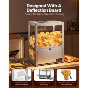 commercial nacho chip warmer, 85qt chip warmer machine with heating base and warming light, nacho machine with deflection board, stainless steel, for nacho chips, popcorn, potato chips, peanut