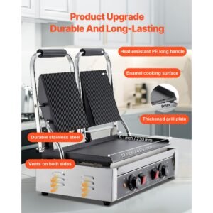 commercial panini grill, 3600w electric sandwich panini maker, stainless steel double sandwichs press grill with handle and temp control, 19x9 in flat enamel plate for hamburger steak bacon