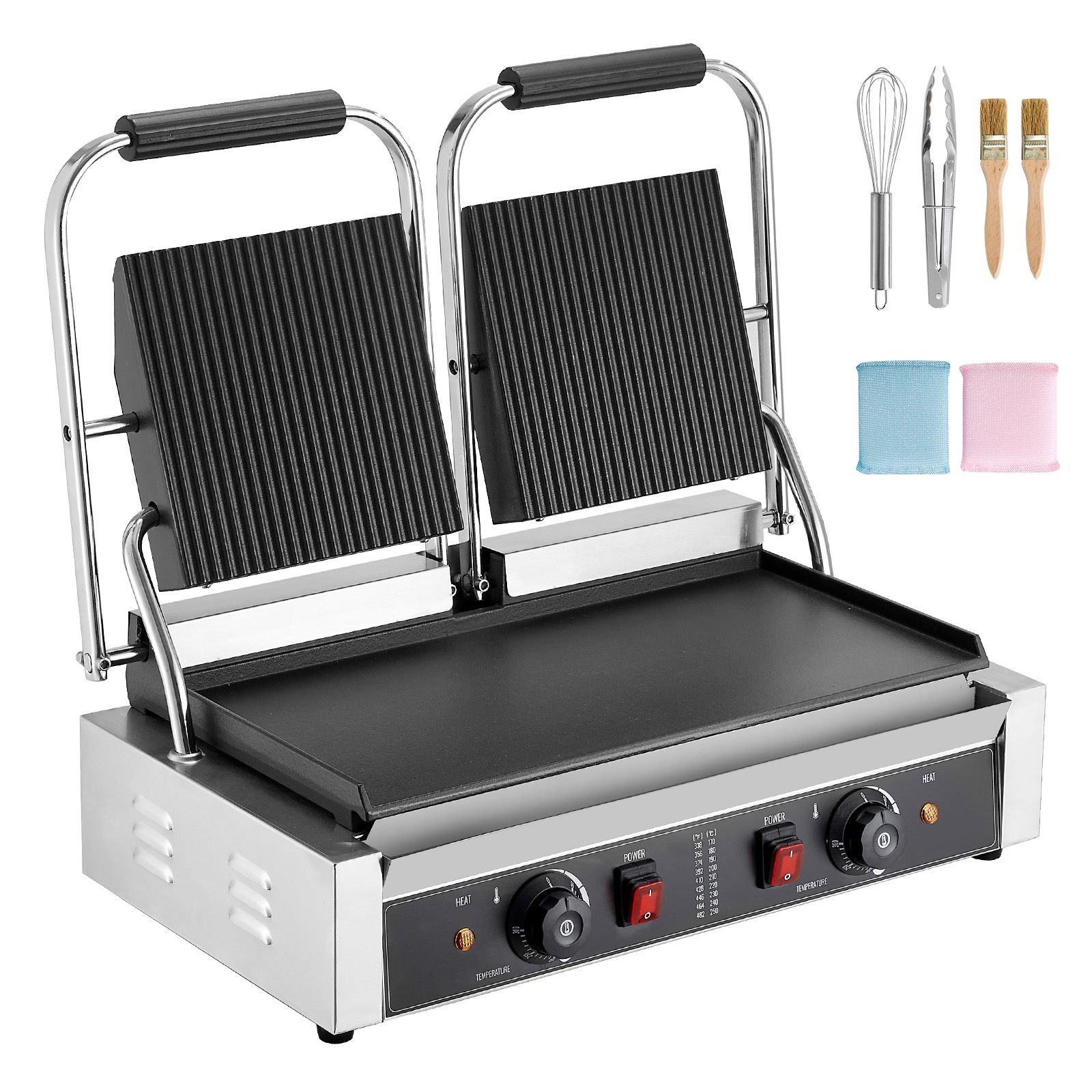 commercial panini grill, 3600w electric sandwich panini maker, stainless steel double sandwichs press grill with handle and temp control, 19x9 in flat enamel plate for hamburger steak bacon