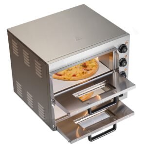 commercial pizza oven countertop, 16 inch double deck layers, stainless steel electric pizza oven with stone and handle, multipurpose indoor pizza maker for restaurant home pretzels baked