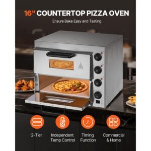 commercial pizza oven countertop, 16 inch double deck layers, stainless steel electric pizza oven with stone and handle, multipurpose indoor pizza maker for restaurant home pretzels baked