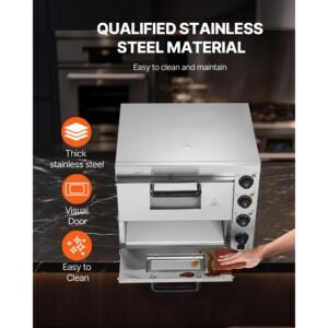 commercial pizza oven countertop, 16 inch double deck layers, stainless steel electric pizza oven with stone and handle, multipurpose indoor pizza maker for restaurant home pretzels baked