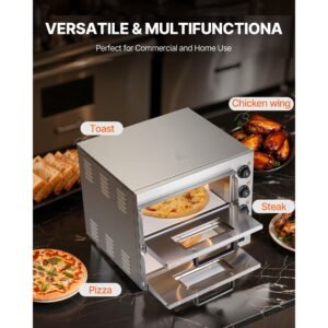commercial pizza oven countertop, 16 inch double deck layers, stainless steel electric pizza oven with stone and handle, multipurpose indoor pizza maker for restaurant home pretzels baked