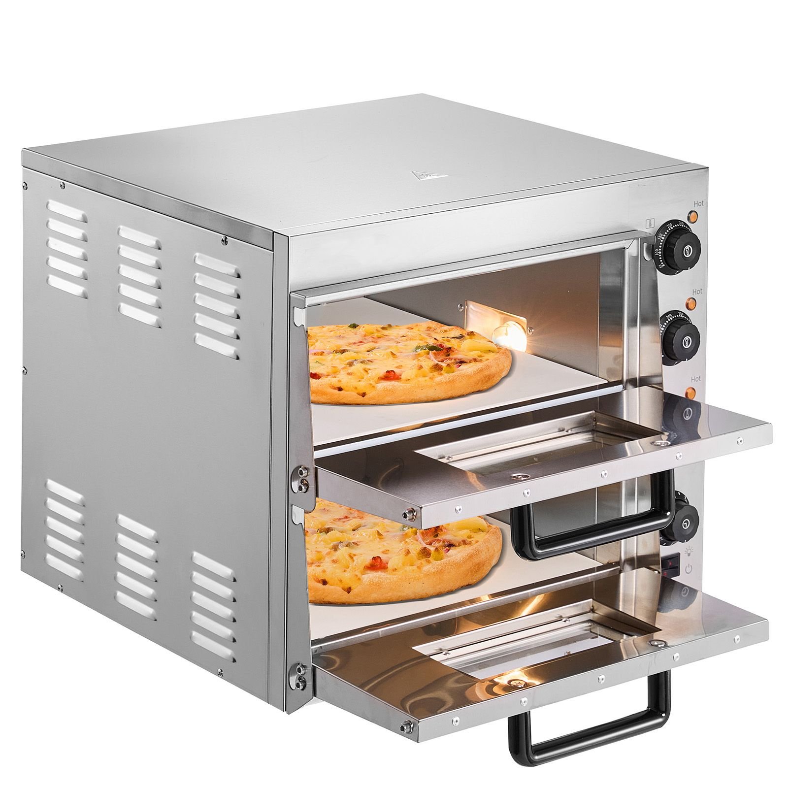 commercial pizza oven countertop, 16 inch double deck layers, stainless steel electric pizza oven with stone and handle, multipurpose indoor pizza maker for restaurant home pretzels baked