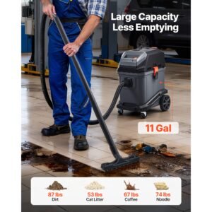 commercial shop vac, 11 gallon wet dry shop vacuum, 5.5 peak hp portable with one button self cleaning, 1350w input, 1.25in x 7ft hose, 20ft cord, industrial grade for jobsite, workshop
