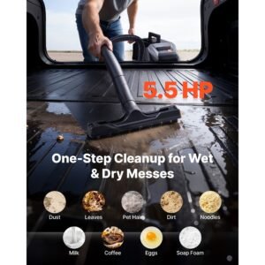 commercial shop vac, 11 gallon wet dry shop vacuum, 5.5 peak hp portable with one button self cleaning, 1350w input, 1.25in x 7ft hose, 20ft cord, industrial grade for jobsite, workshop