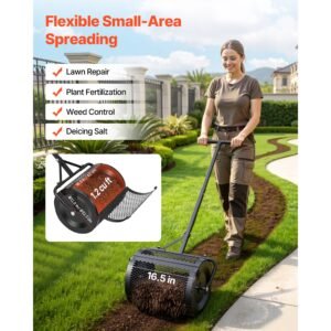 compost spreader, 16.5" wide peat moss spreader with t shaped handle, 3 heights adjustable, powder coated steel garden peat moss roller, heavy duty grass seed roller for planting seeding, black