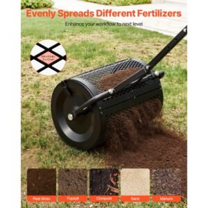 compost spreader, 16.5" wide peat moss spreader with t shaped handle, 3 heights adjustable, powder coated steel garden peat moss roller, heavy duty grass seed roller for planting seeding, black