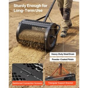 compost spreader, 16.5" wide peat moss spreader with t shaped handle, 3 heights adjustable, powder coated steel garden peat moss roller, heavy duty grass seed roller for planting seeding, black