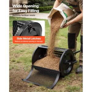 compost spreader, 16.5" wide peat moss spreader with t shaped handle, 3 heights adjustable, powder coated steel garden peat moss roller, heavy duty grass seed roller for planting seeding, black