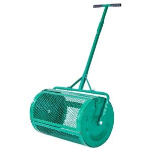 compost spreader, 24 in wide peat moss spreader with push/tow handle, 4 heights adjustable, powder coated steel garden peat moss roller, heavy duty grass seed spreaders for planting seeding