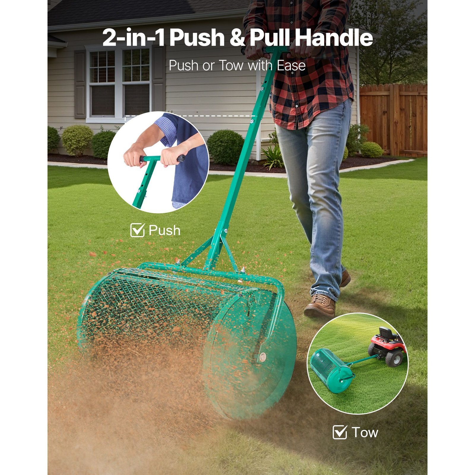 compost spreader, 24 in wide peat moss spreader with push/tow handle, 4 heights adjustable, powder coated steel garden peat moss roller, heavy duty grass seed spreaders for planting seeding
