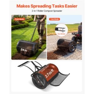 compost spreader, 24" wide peat moss spreader with push/tow handle & brush, 4 heights adjustable, powder coated steel garden peat moss roller, heavy duty grass seed roller for planting seeding