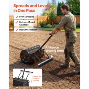 compost spreader, 24" wide peat moss spreader with push/tow handle & brush, 4 heights adjustable, powder coated steel garden peat moss roller, heavy duty grass seed roller for planting seeding
