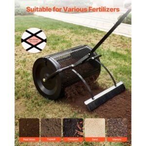 compost spreader, 24" wide peat moss spreader with push/tow handle & brush, 4 heights adjustable, powder coated steel garden peat moss roller, heavy duty grass seed roller for planting seeding