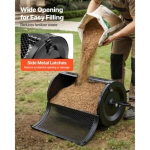 compost spreader, 24" wide peat moss spreader with push/tow handle & brush, 4 heights adjustable, powder coated steel garden peat moss roller, heavy duty grass seed roller for planting seeding