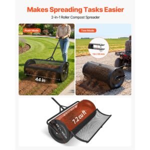 compost spreader, 44" wide peat moss spreader with push/tow handle, 4 heights adjustable, powder coated steel garden peat moss roller, heavy duty grass seed roller for planting seeding, black