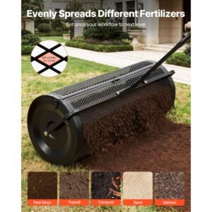 compost spreader, 44" wide peat moss spreader with push/tow handle, 4 heights adjustable, powder coated steel garden peat moss roller, heavy duty grass seed roller for planting seeding, black