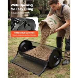 compost spreader, 44" wide peat moss spreader with push/tow handle, 4 heights adjustable, powder coated steel garden peat moss roller, heavy duty grass seed roller for planting seeding, black