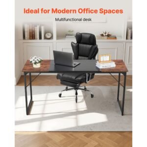 computer desk, 63 inch office gaming desk for home office, writing study work modern simple table with metal frame for large legroom, rustic brown and black