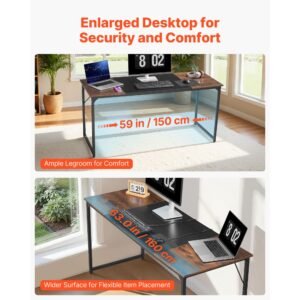computer desk, 63 inch office gaming desk for home office, writing study work modern simple table with metal frame for large legroom, rustic brown and black