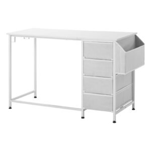 Computer Desk with Fabric Drawers, 47 Inch Reversible Study Work Writing Desk for Modern Home Office Bedroom, Simple Modern Cute PC Table Metal Frame Business Furniture, White