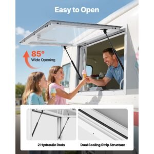 concession window 36x24 in, aluminum alloy service window for food truck, up to 85 degrees stand serving window with 2 sliding windows, awning door, and drag hook, for concession trailers