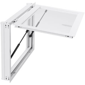 Concession Window 36x24 in, Aluminum Alloy Service Window for Food Truck, Up to 85 Degrees Stand Serving Window with 2 Sliding Windows, Awning Door, and Drag Hook, for Concession Trailers