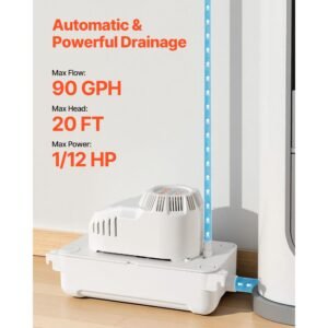 condensate pump, 1/12 hp, 90 gph, 20 ft lift, 115v automatic ac condensation removal pump with safety switch 20 ft tubing, for air conditioner, dehumidifier, hvac, furnace, ice maker water drain