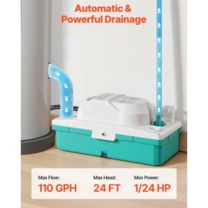 condensate pump, 1/24 hp, 110 gph, 24 ft lift, 100 240v automatic ac condensation removal pump with safety switch & 20 ft tubing, for air conditioner, dehumidifier, hvac, furnace, ice maker