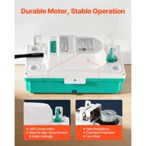 condensate pump, 1/24 hp, 110 gph, 24 ft lift, 100 240v automatic ac condensation removal pump with safety switch & 20 ft tubing, for air conditioner, dehumidifier, hvac, furnace, ice maker
