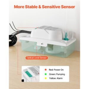 condensate pump, 1/24 hp, 110 gph, 24 ft lift, 100 240v automatic ac condensation removal pump with safety switch & 20 ft tubing, for air conditioner, dehumidifier, hvac, furnace, ice maker