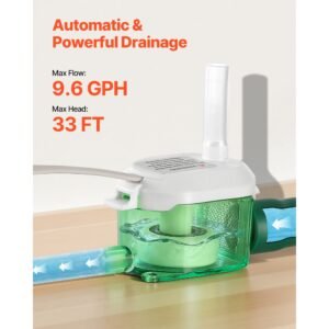 condensate pump, 1/245 hp, 9.6 gph, 33 ft lift, 100 230v automatic ac condensation removal pump with safety switch, quiet, for air conditioner, dehumidifier, hvac, furnace, ice maker water drain