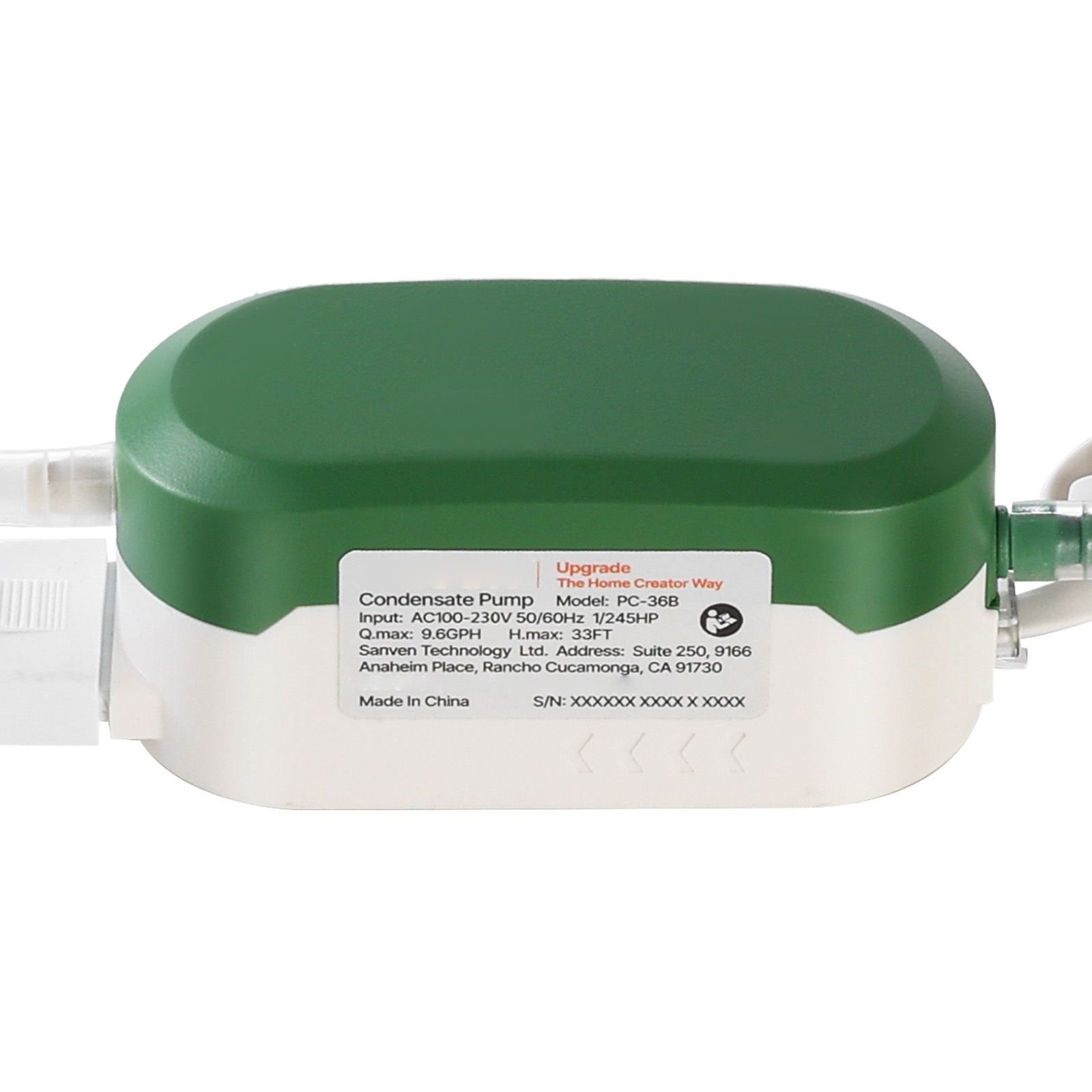 condensate pump, 1/245 hp, 9.6 gph, 33 ft lift, 100 230v automatic ac condensation removal pump with safety switch, quiet, for air conditioner, dehumidifier, hvac, furnace, ice maker water drain