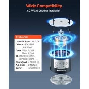 condenser fan motor with capacitor, 1/3hp 1075rpm 208 230v, compatible with ge genteq k55hxgdd 81195 5kcp39ggy209as, fasco d925 d7908, dayton em3729f, century fse1036sv1, rheem ruud 51 100998 05
