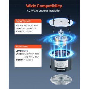 condenser fan motor with capacitor, 1/5hp 1075/900rpm 208 230v, replaces 12y75, 97m49, 100483 02, 43w49, compatible with lennox interlink emerson k48hxgck 4210 k48hxgfg 4294 yfk 150 6
