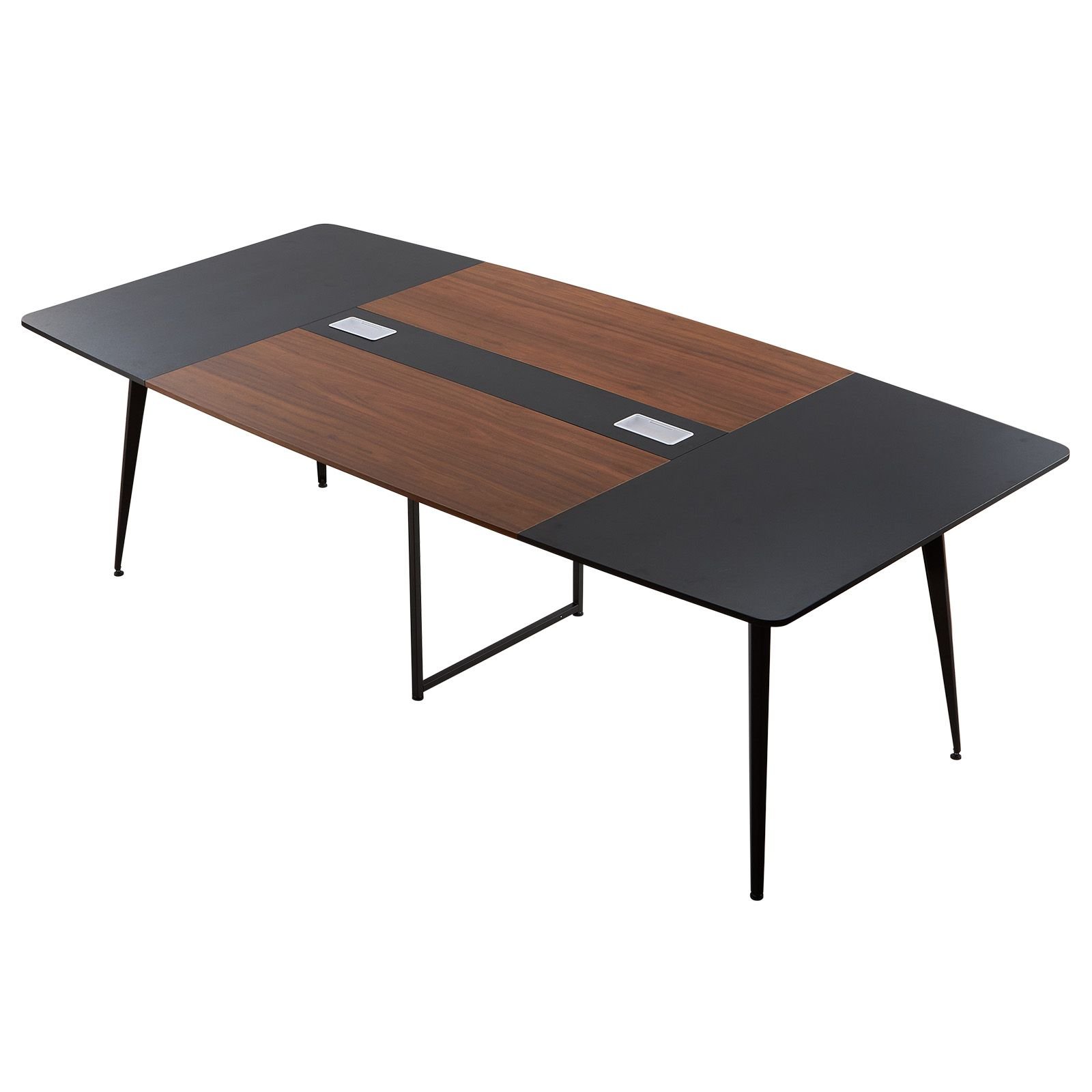 conference table, 8 ft boat shaped office meeting table for 10 person, modern large boat meeting desk with metal legs, ideal for office, boardroom, conference room, easy assembly, black & brown