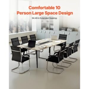 conference table, 8 ft boat shaped office meeting table with charge station for 10 person, modern boat seminar meeting desk with metal legs for office, boardroom, conference room, easy assembly