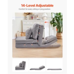 convertible flip chair, 5 position adjustable floor lazy sofa, folding upholstered couch bed with adjustable backrest metal frame and pillow, folding sofa bed chair for living room bedroom, gray