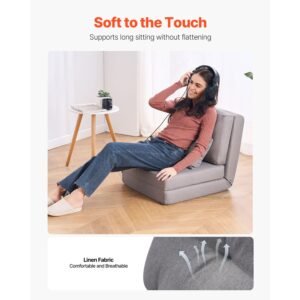 convertible flip chair, 5 position adjustable floor lazy sofa, folding upholstered couch bed with adjustable backrest metal frame and pillow, folding sofa bed chair for living room bedroom, gray