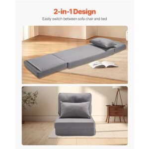 convertible flip chair, 5 position adjustable floor lazy sofa, folding upholstered couch bed with adjustable backrest metal frame and pillow, folding sofa bed chair for living room bedroom, gray