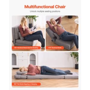 convertible flip chair, 5 position adjustable floor lazy sofa, folding upholstered couch bed with adjustable backrest metal frame and pillow, folding sofa bed chair for living room bedroom, gray