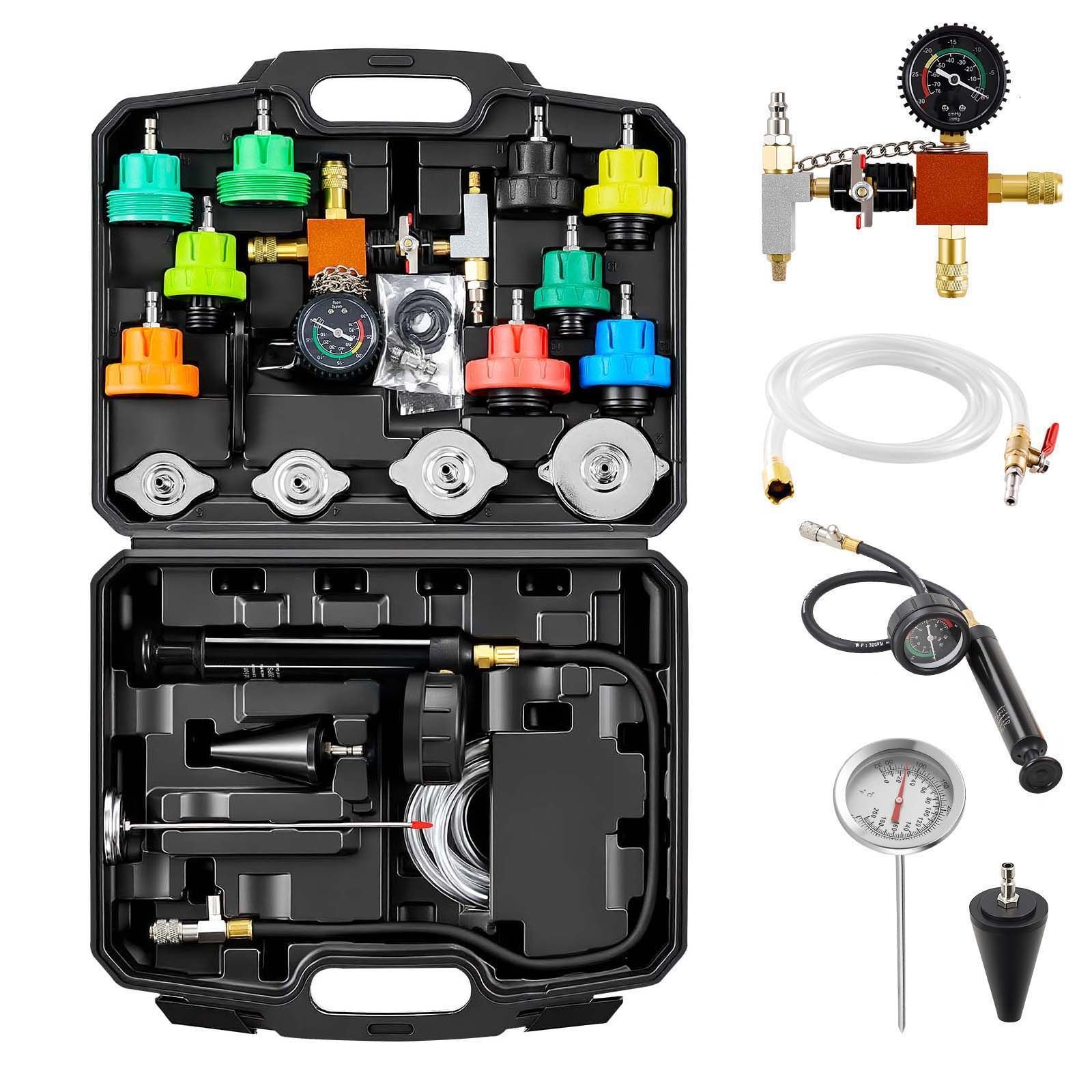 coolant pressure tester kit, 28pcs radiator vacuum refill kit with 4 adapters, universal fit, automotive cooling system pressure tester kit, with pressure pump & aluminum alloy purge filler