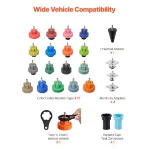 coolant pressure tester kit, 47pcs radiator vacuum refill kit with 3 metal adapters, universal fit, automotive cooling system pressure tester tool, with pressures pump & plastic filler