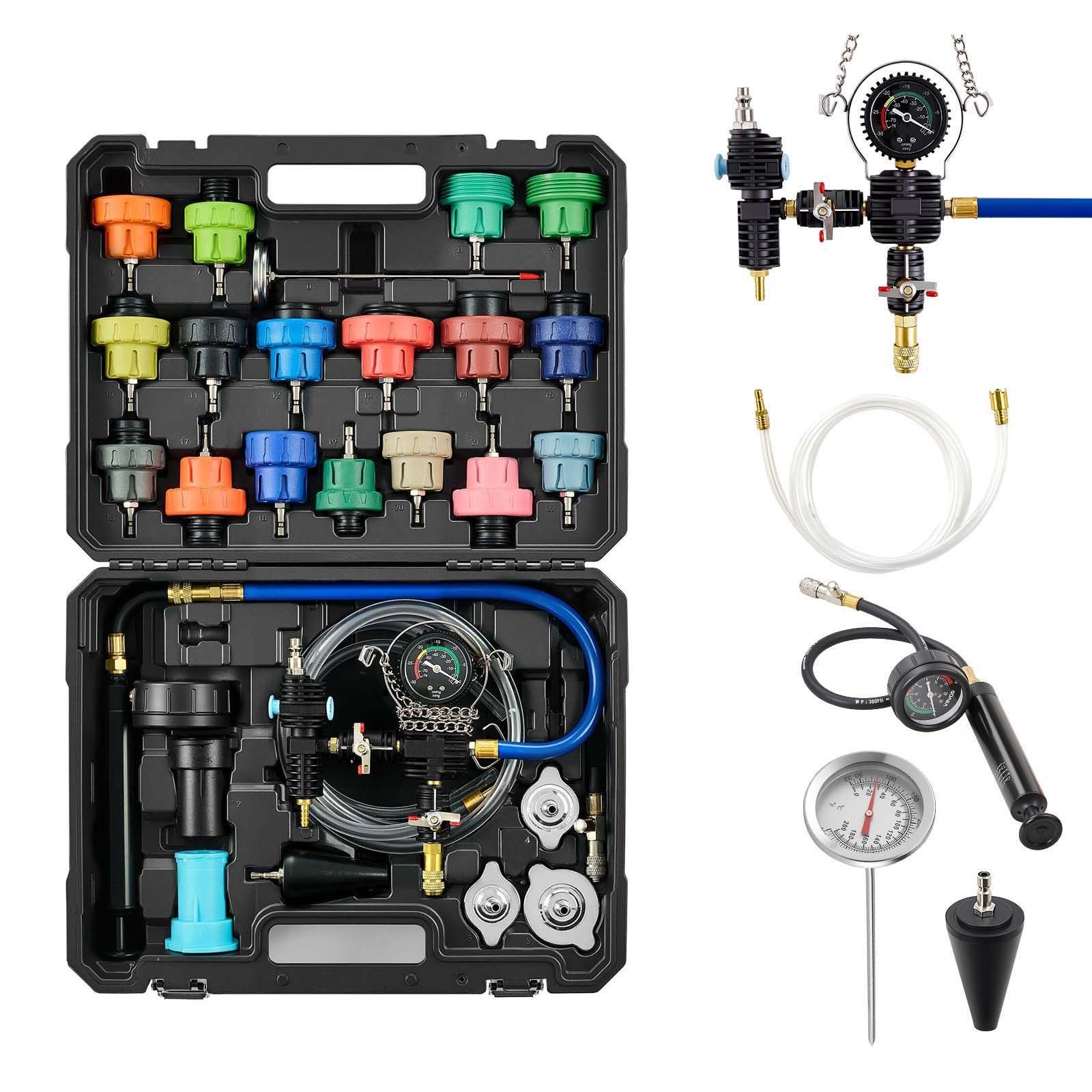 coolant pressure tester kit, 47pcs radiator vacuum refill kit with 3 metal adapters, universal fit, automotive cooling system pressure tester tool, with pressures pump & plastic filler