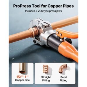 copper pipe crimping tool, hydraulic driven pro press tool with 1/2", 3/4", 1" jaws, copper tube fittings crimper for narrow spaces & tee fittings with pipe cutter & carrying case
