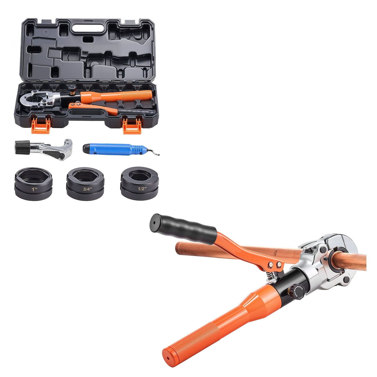 copper pipe crimping tool, hydraulic driven pro press tool with 1/2", 3/4", 1" jaws, copper tube fittings crimper for narrow spaces & tee fittings with pipe cutter & carrying case